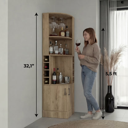 Tuhome Syrah Corner Bar Cabinet with Two External Shelves, Stemware Rack, Eight Cubbies, Modern Design for Living Room or Home Bar