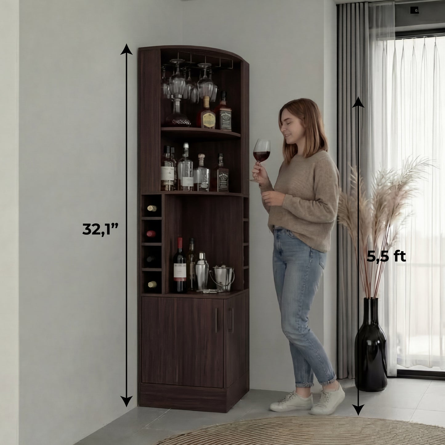 Tuhome Syrah Corner Bar Cabinet with Two External Shelves, Stemware Rack, Eight Cubbies, Modern Design for Living Room or Home Bar