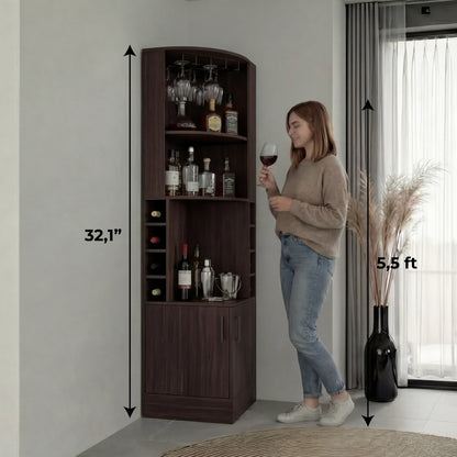 Tuhome Syrah Corner Bar Cabinet with Two External Shelves, Stemware Rack, Eight Cubbies, Modern Design for Living Room or Home Bar