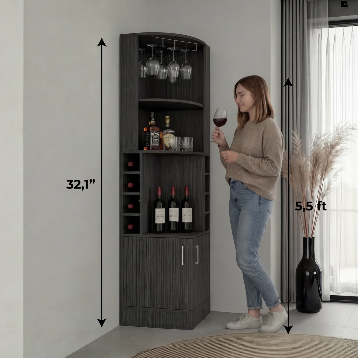 Tuhome Syrah Corner Bar Cabinet with Two External Shelves, Stemware Rack, Eight Cubbies, Modern Design for Living Room or Home Bar