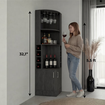 Tuhome Syrah Corner Bar Cabinet with Two External Shelves, Stemware Rack, Eight Cubbies, Modern Design for Living Room or Home Bar