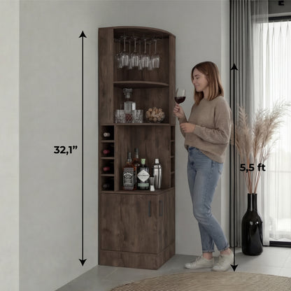 Tuhome Syrah Corner Bar Cabinet with Two External Shelves, Stemware Rack, Eight Cubbies, Modern Design for Living Room or Home Bar