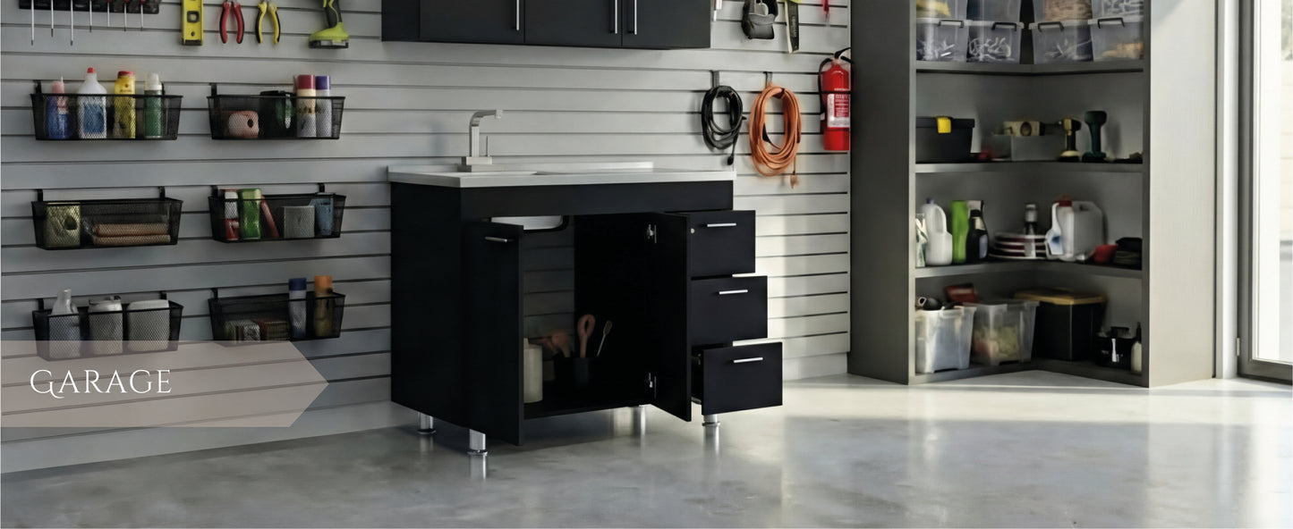 Ferretti Utility Sink Base Cabinet with Stainless Steel Countertop, Three Storage Drawers, Double-Door Cabinet and Integrated Faucet Opening for Modern Kitchen Organization, Prep Convenience and Functional Home Utility