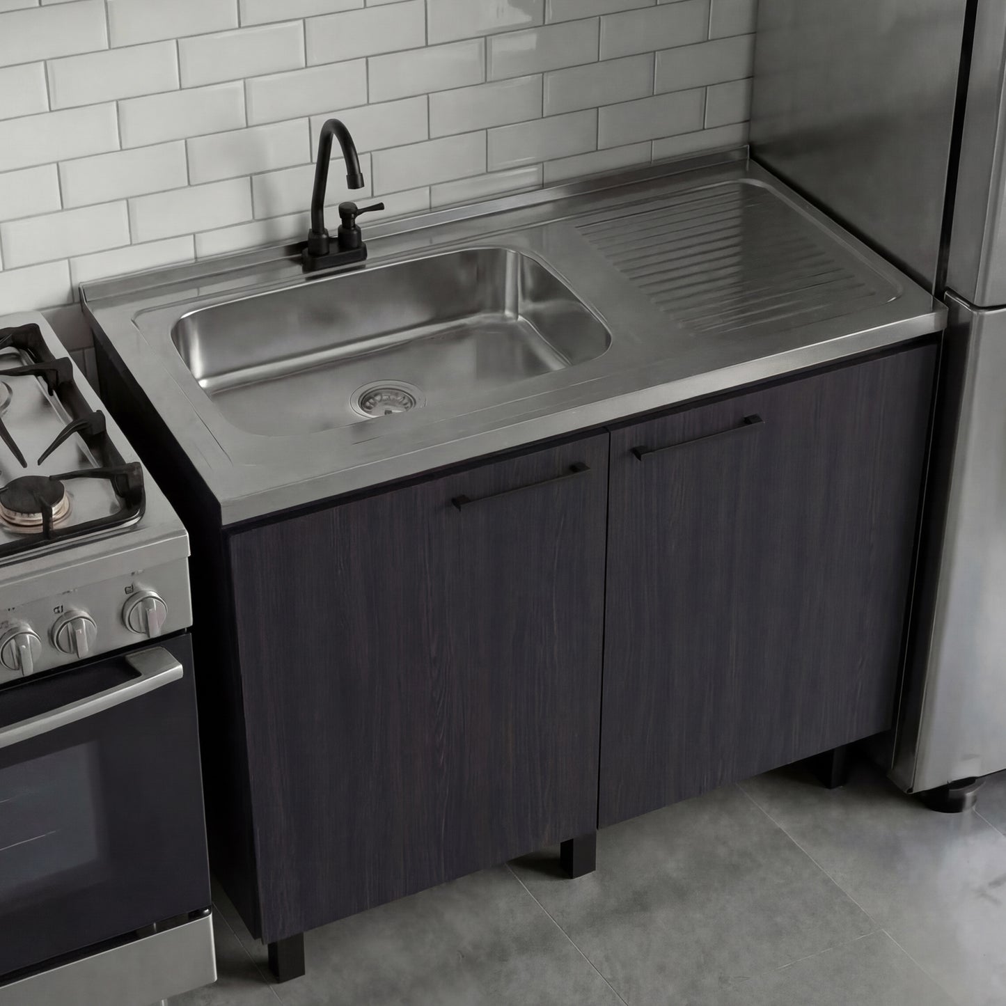 Napoles Utility Sink with Faucet Inclued and Integrated Steel Counter top, Freestanding cabinet with two doors, Metal Handles and Two interior shelves.