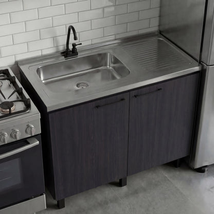 Napoles Utility Sink with Faucet Inclued and Integrated Steel Counter top, Freestanding cabinet with two doors, Metal Handles and Two interior shelves.