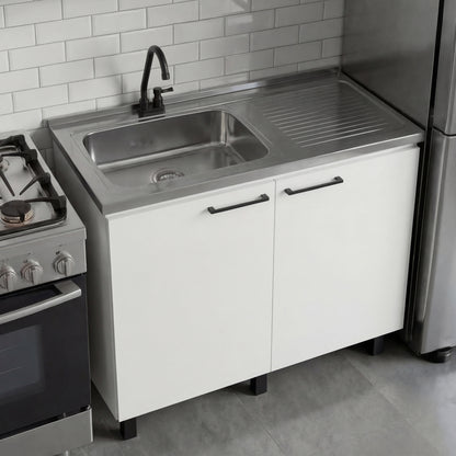 Napoles Utility Sink with Faucet Inclued and Integrated Steel Counter top, Freestanding cabinet with two doors, Metal Handles and Two interior shelves.