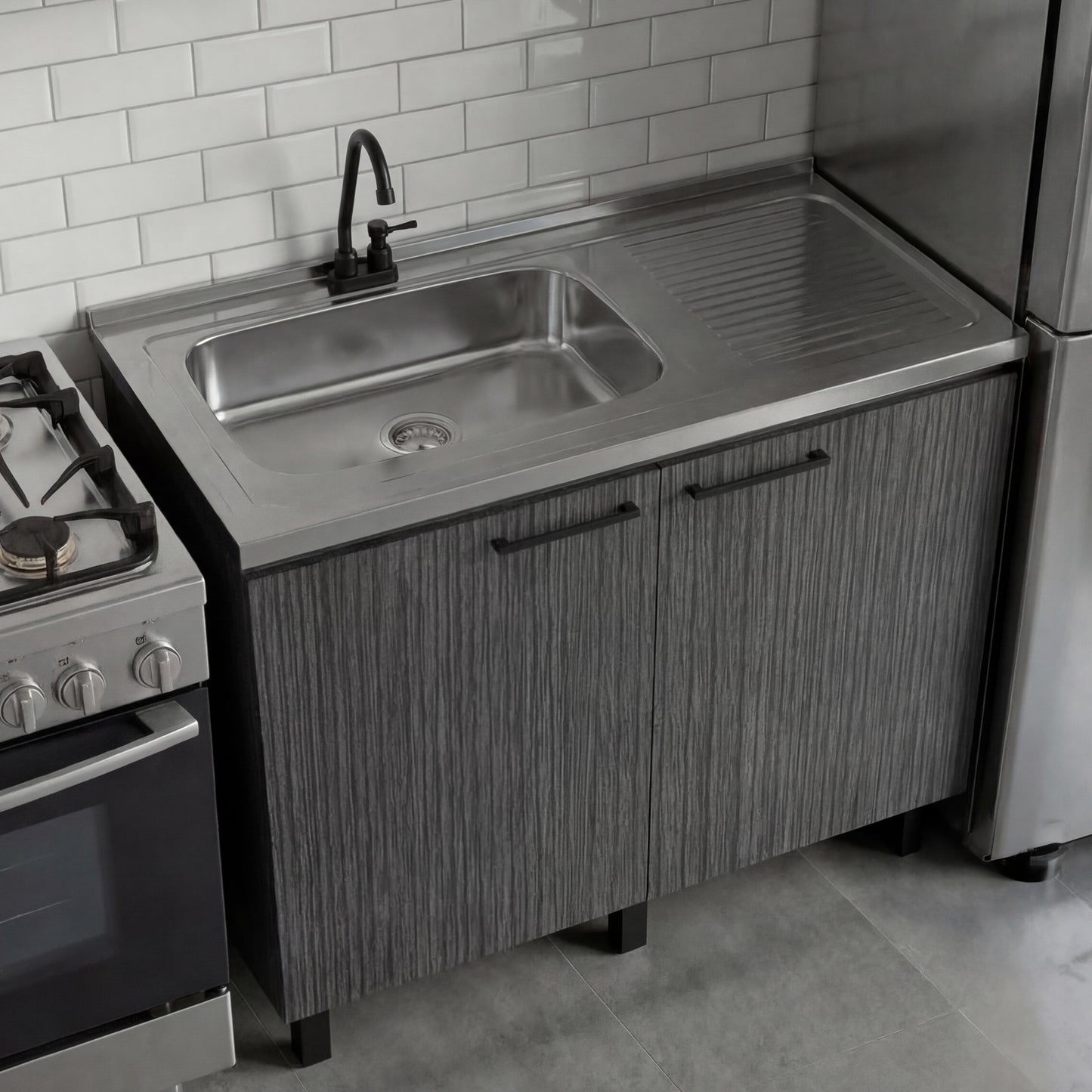 Napoles Utility Sink with Faucet Inclued and Integrated Steel Counter top, Freestanding cabinet with two doors, Metal Handles and Two interior shelves.