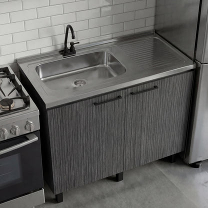 Napoles Utility Sink with Faucet Inclued and Integrated Steel Counter top, Freestanding cabinet with two doors, Metal Handles and Two interior shelves.