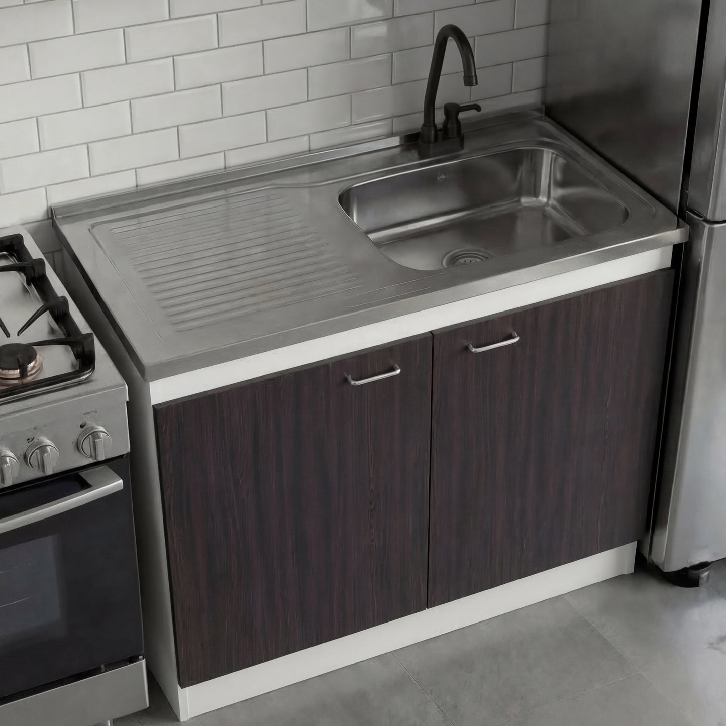TUHOME Napoles Utility Sink Cabinet with Integrated Steel Sink, Double Door Storage, Interior Shelf and Durable Aluminum Countertop Offering Practical Organization and Functional Workspace.
