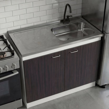 TUHOME Napoles Utility Sink Cabinet with Integrated Steel Sink, Double Door Storage, Interior Shelf and Durable Aluminum Countertop Offering Practical Organization and Functional Workspace.