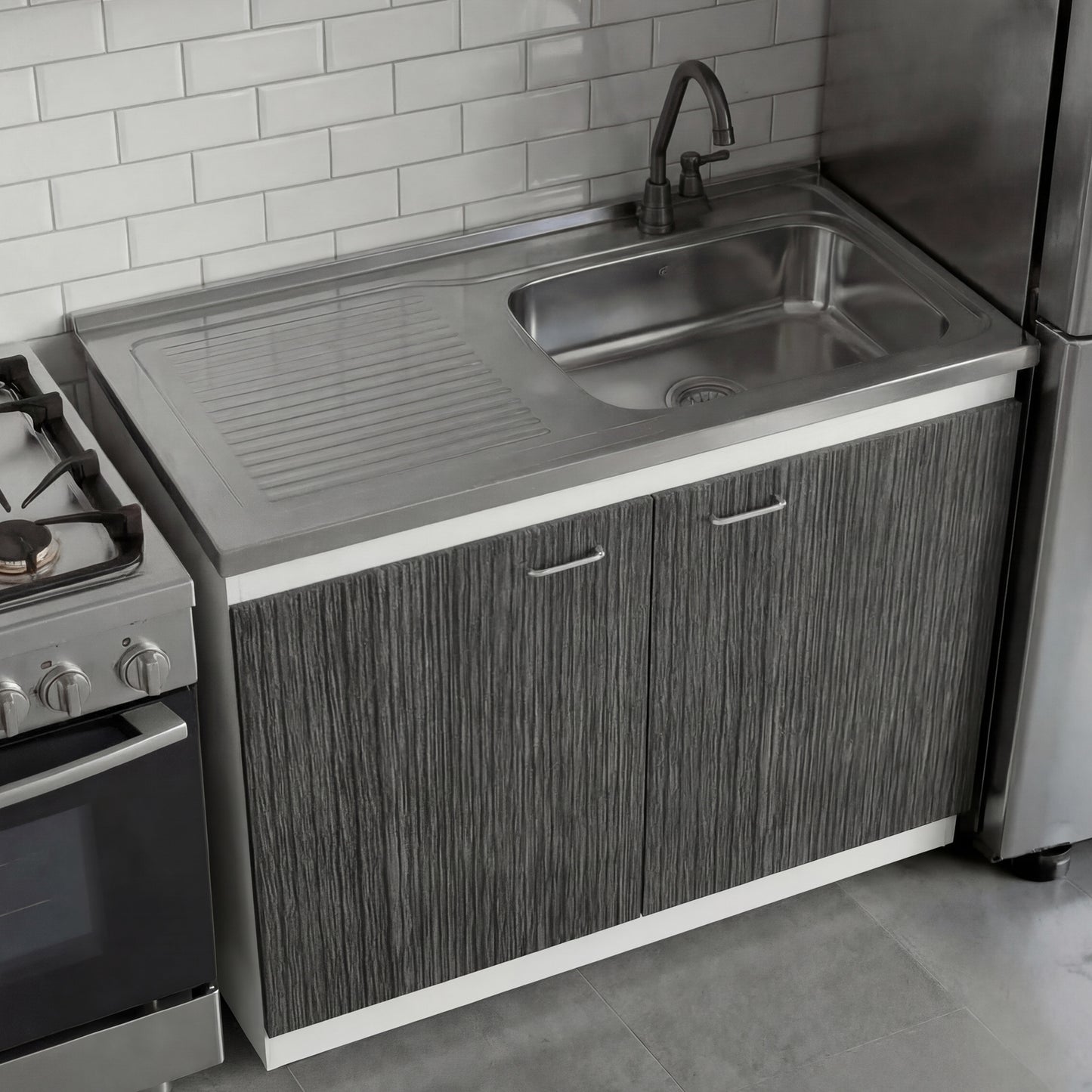 TUHOME Napoles Utility Sink Cabinet with Integrated Steel Sink, Double Door Storage, Interior Shelf and Durable Aluminum Countertop Offering Practical Organization and Functional Workspace.