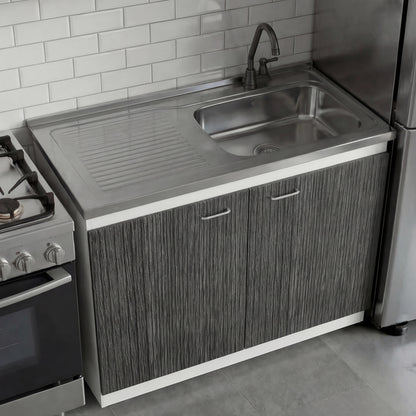 TUHOME Napoles Utility Sink Cabinet with Integrated Steel Sink, Double Door Storage, Interior Shelf and Durable Aluminum Countertop Offering Practical Organization and Functional Workspace.