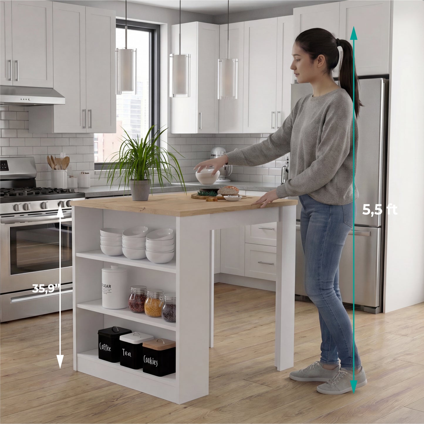 Tuhome Kitchen Counter with Spacious Storage, Open Shelves, Modern and Functional Design, Ideal for Kitchens, Dining Rooms, or Utility Spaces