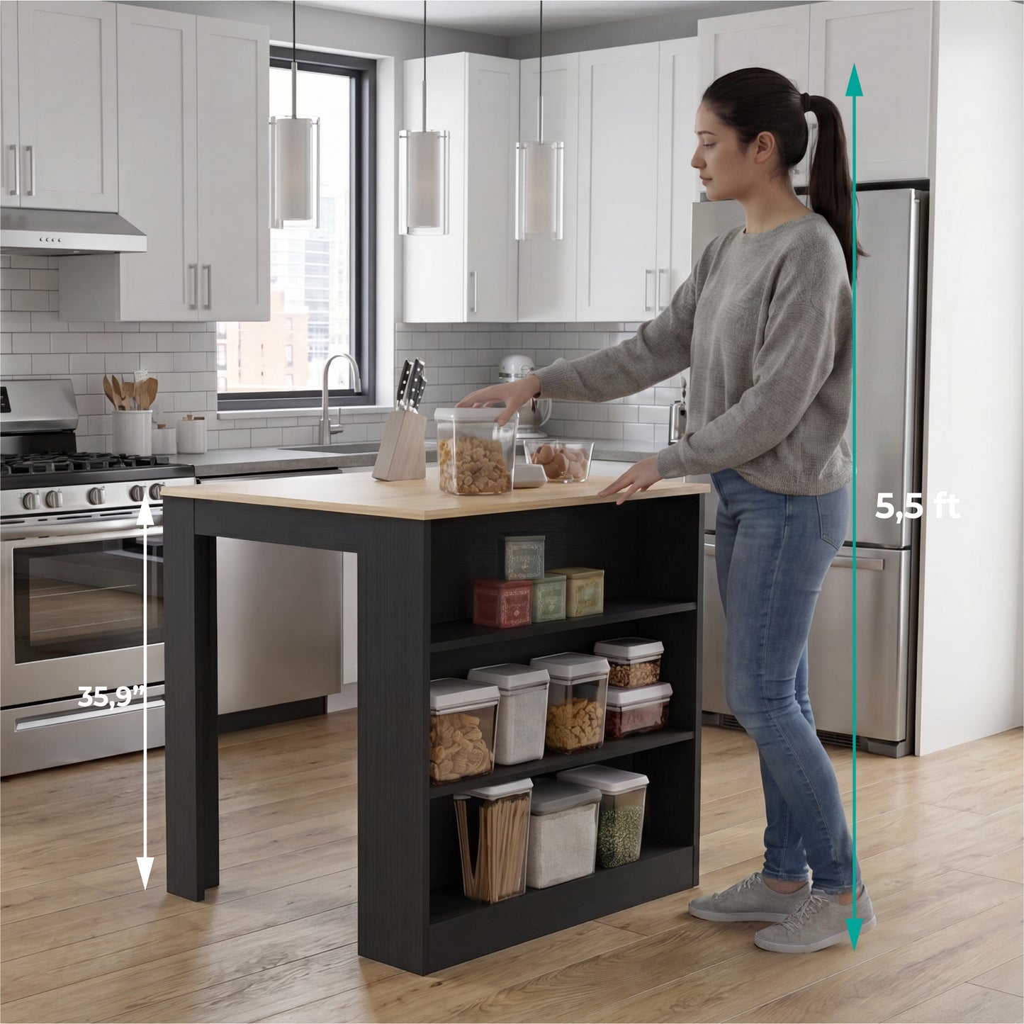 Tuhome Kitchen Counter with Spacious Storage, Open Shelves, Modern and Functional Design, Ideal for Kitchens, Dining Rooms, or Utility Spaces