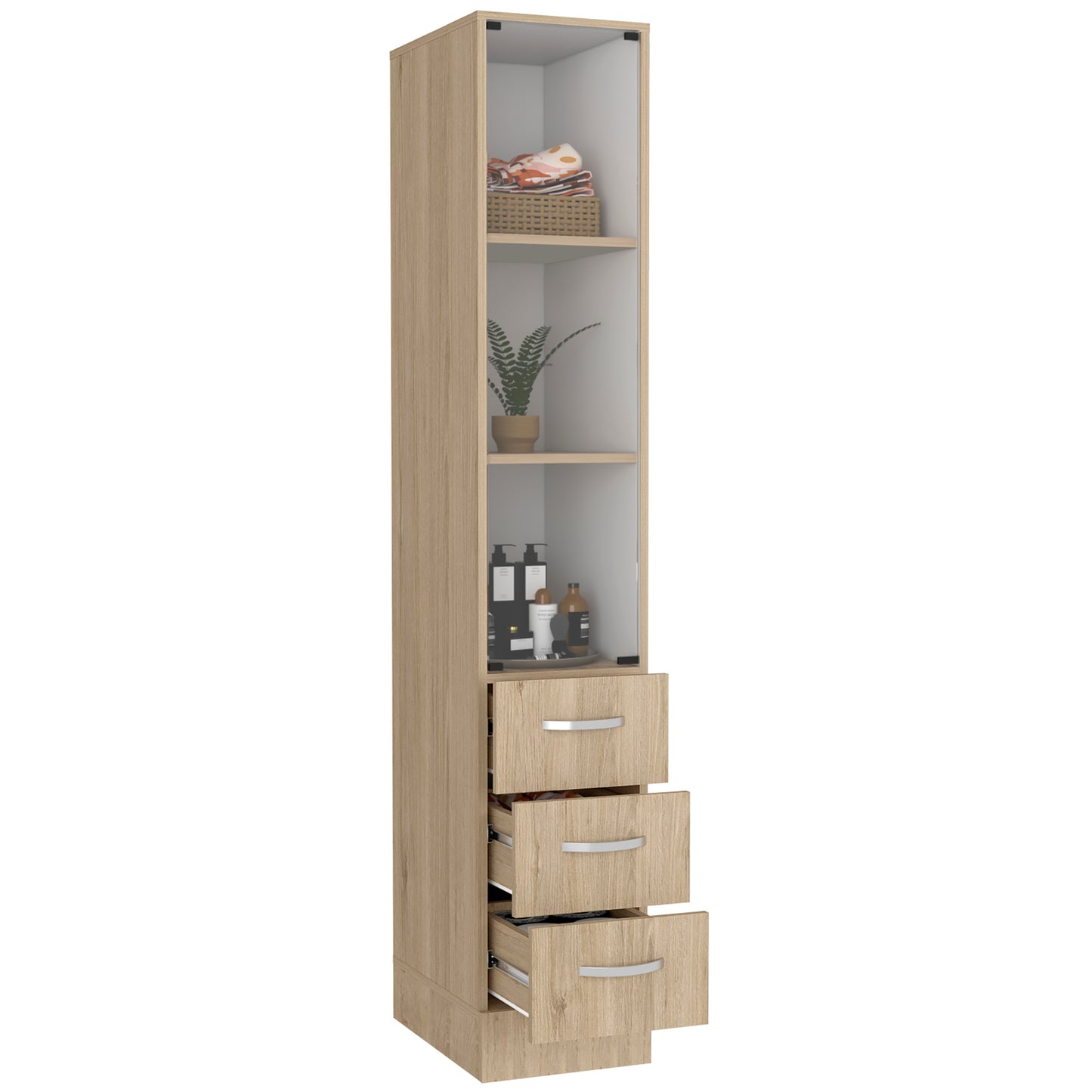 Tuhome Vanguard Linen Cabinet with Three Open Shelves, Four Spacious Drawers, Glass-Door Enclosed Storage, Modern Bathroom Organizer for Towels, Toiletries, Linens, and Everyday Essentials