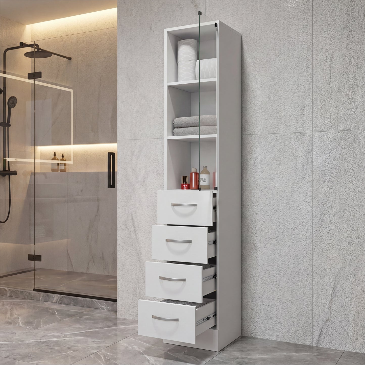 Tuhome Vanguard Linen Cabinet with Three Open Shelves, Four Spacious Drawers, Glass-Door Enclosed Storage, Modern Bathroom Organizer for Towels, Toiletries, Linens, and Everyday Essentials