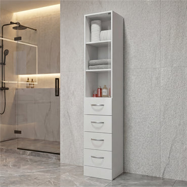 Tuhome Vanguard Linen Cabinet with Three Open Shelves, Four Spacious Drawers, Glass-Door Enclosed Storage, Modern Bathroom Organizer for Towels, Toiletries, Linens, and Everyday Essentials
