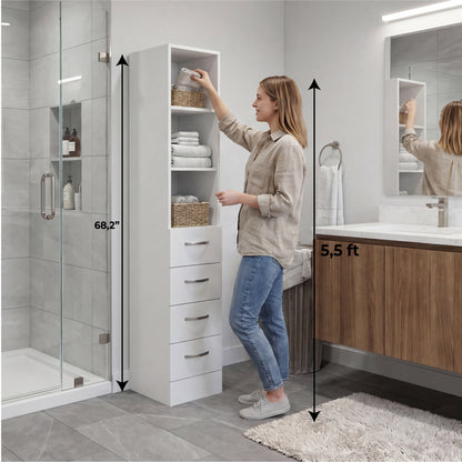 Tuhome Vanguard Linen Cabinet with Three Open Shelves, Four Spacious Drawers, Glass-Door Enclosed Storage, Modern Bathroom Organizer for Towels, Toiletries, Linens, and Everyday Essentials