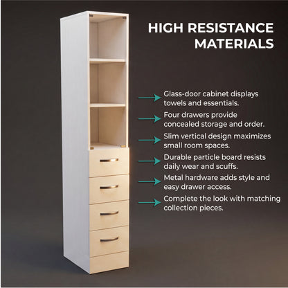 Tuhome Vanguard Linen Cabinet with Three Open Shelves, Four Spacious Drawers, Glass-Door Enclosed Storage, Modern Bathroom Organizer for Towels, Toiletries, Linens, and Everyday Essentials
