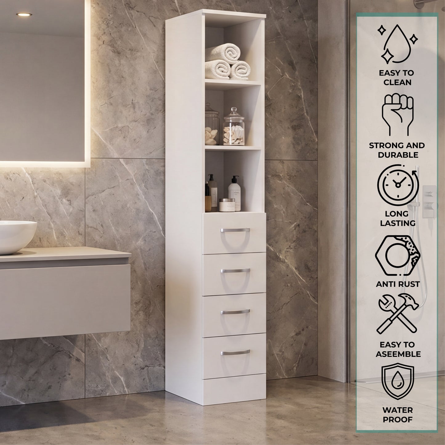 Tuhome Vanguard Linen Cabinet with Three Open Shelves, Four Spacious Drawers, Glass-Door Enclosed Storage, Modern Bathroom Organizer for Towels, Toiletries, Linens, and Everyday Essentials