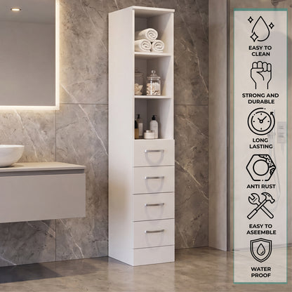 Tuhome Vanguard Linen Cabinet with Three Open Shelves, Four Spacious Drawers, Glass-Door Enclosed Storage, Modern Bathroom Organizer for Towels, Toiletries, Linens, and Everyday Essentials
