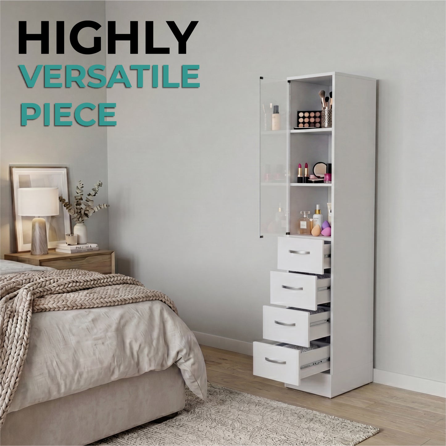 Tuhome Vanguard Linen Cabinet with Three Open Shelves, Four Spacious Drawers, Glass-Door Enclosed Storage, Modern Bathroom Organizer for Towels, Toiletries, Linens, and Everyday Essentials