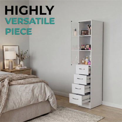 Tuhome Vanguard Linen Cabinet with Three Open Shelves, Four Spacious Drawers, Glass-Door Enclosed Storage, Modern Bathroom Organizer for Towels, Toiletries, Linens, and Everyday Essentials