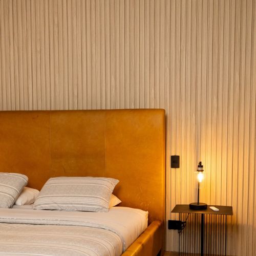 Modern MDF Wall Panel - Textured Surface for Noise Reduction, Honey Oak Finish, 0.71" Depth, 7.94" Width, 96.06" Height, Easy Installation