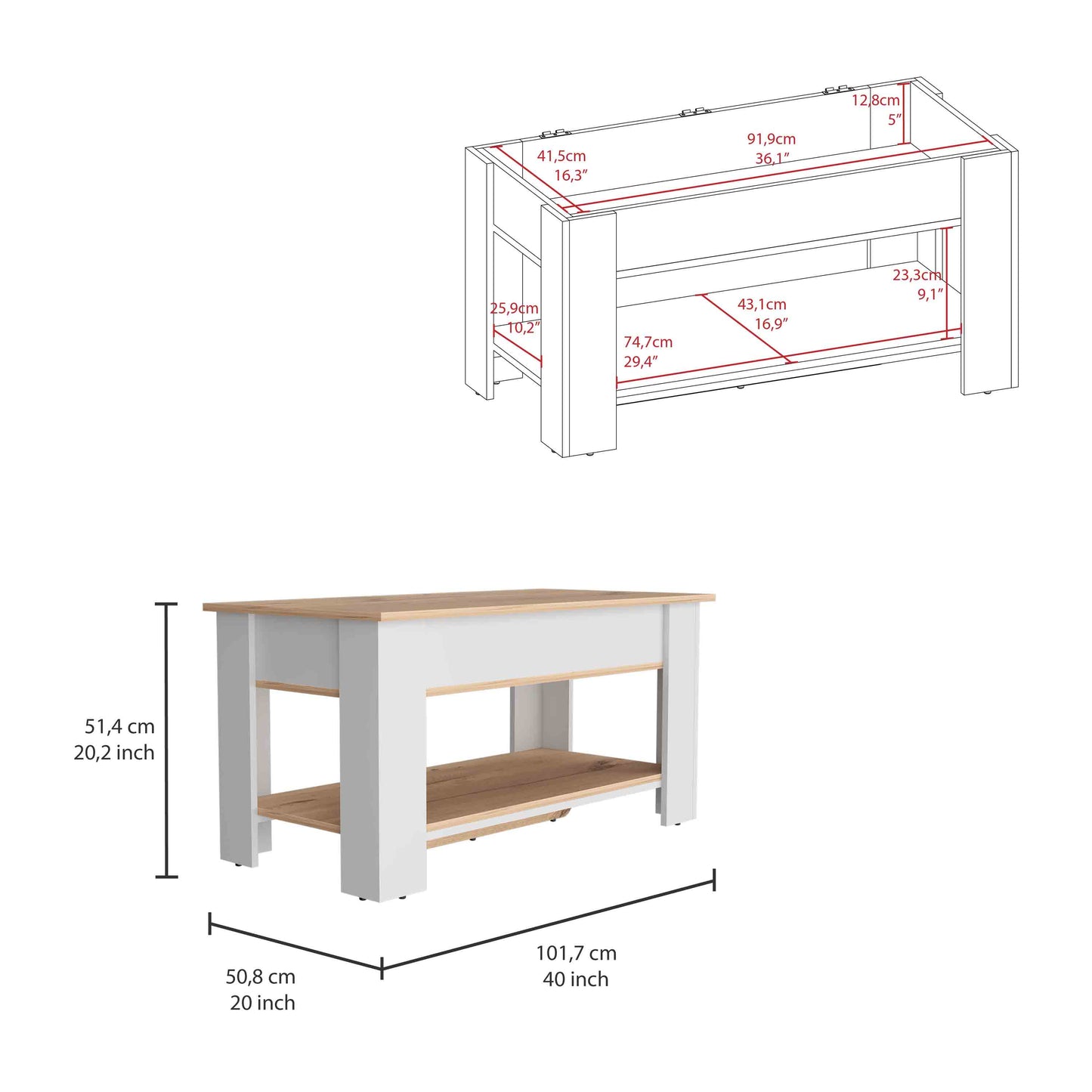 Austin Storage Table, One Extendable Table Shelf, Lower Shelf