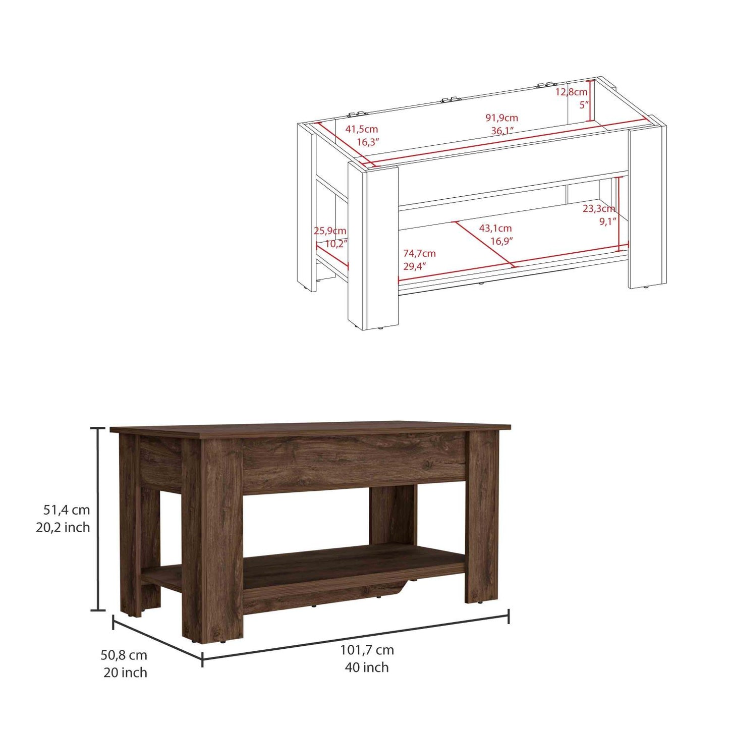Austin Storage Table, One Extendable Table Shelf, Lower Shelf