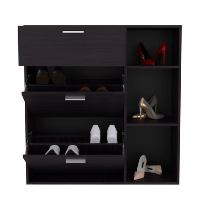 Showie 3-Door Shoe Rack with Interior Shelves And Side Shelves, One Drawer Storage Cabinet for Shoes and Accessories