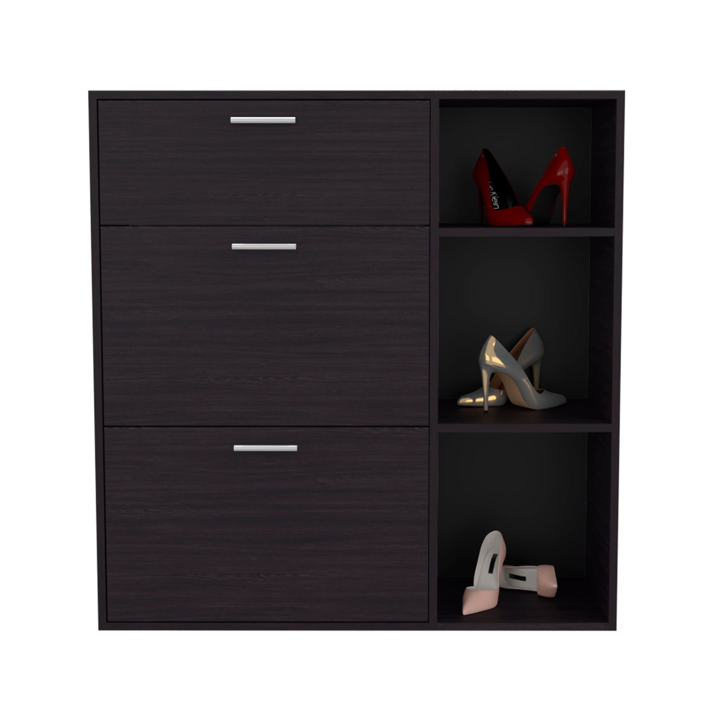 Showie 3-Door Shoe Rack with Interior Shelves And Side Shelves, One Drawer Storage Cabinet for Shoes and Accessories