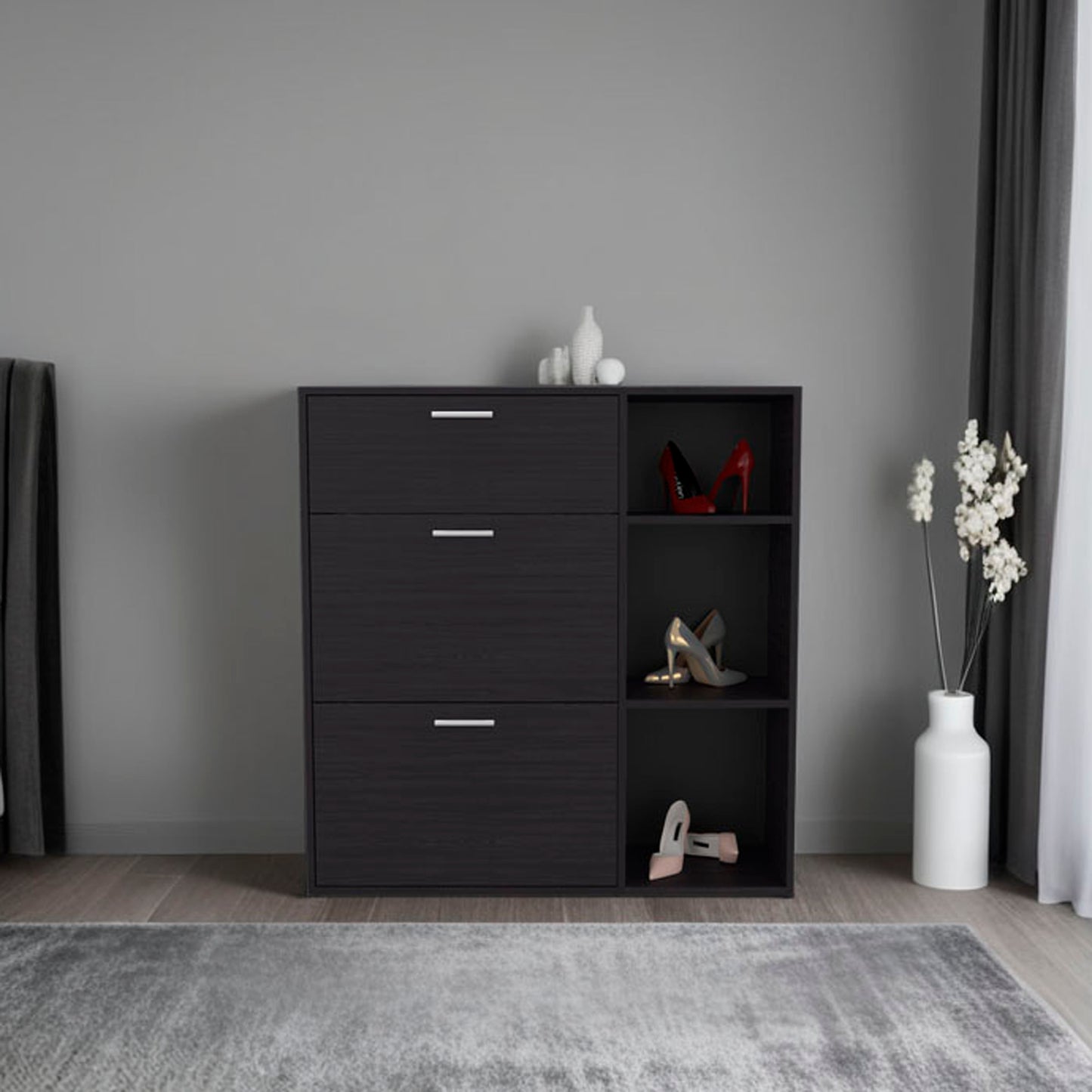 Showie 3-Door Shoe Rack with Interior Shelves And Side Shelves, One Drawer Storage Cabinet for Shoes and Accessories