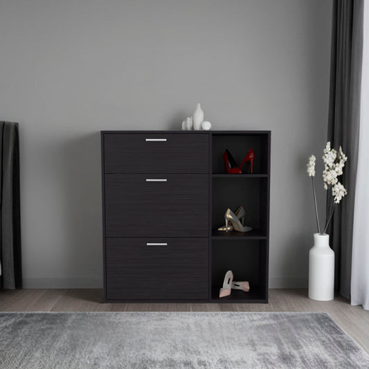 Showie 3-Door Shoe Rack with Interior Shelves And Side Shelves, One Drawer Storage Cabinet for Shoes and Accessories