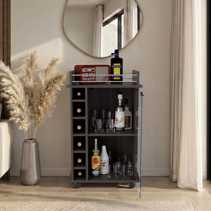 Tuhome Dukat Bar Cart with Two Shelves, Six Built-In Wine Racks, Four Casters, Modern Storage Solution for Kitchen or Dining Room