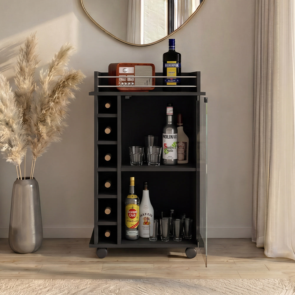 Tuhome Dukat Bar Cart with Two Shelves, Six Built-In Wine Racks, Four Casters, Modern Storage Solution for Kitchen or Dining Room