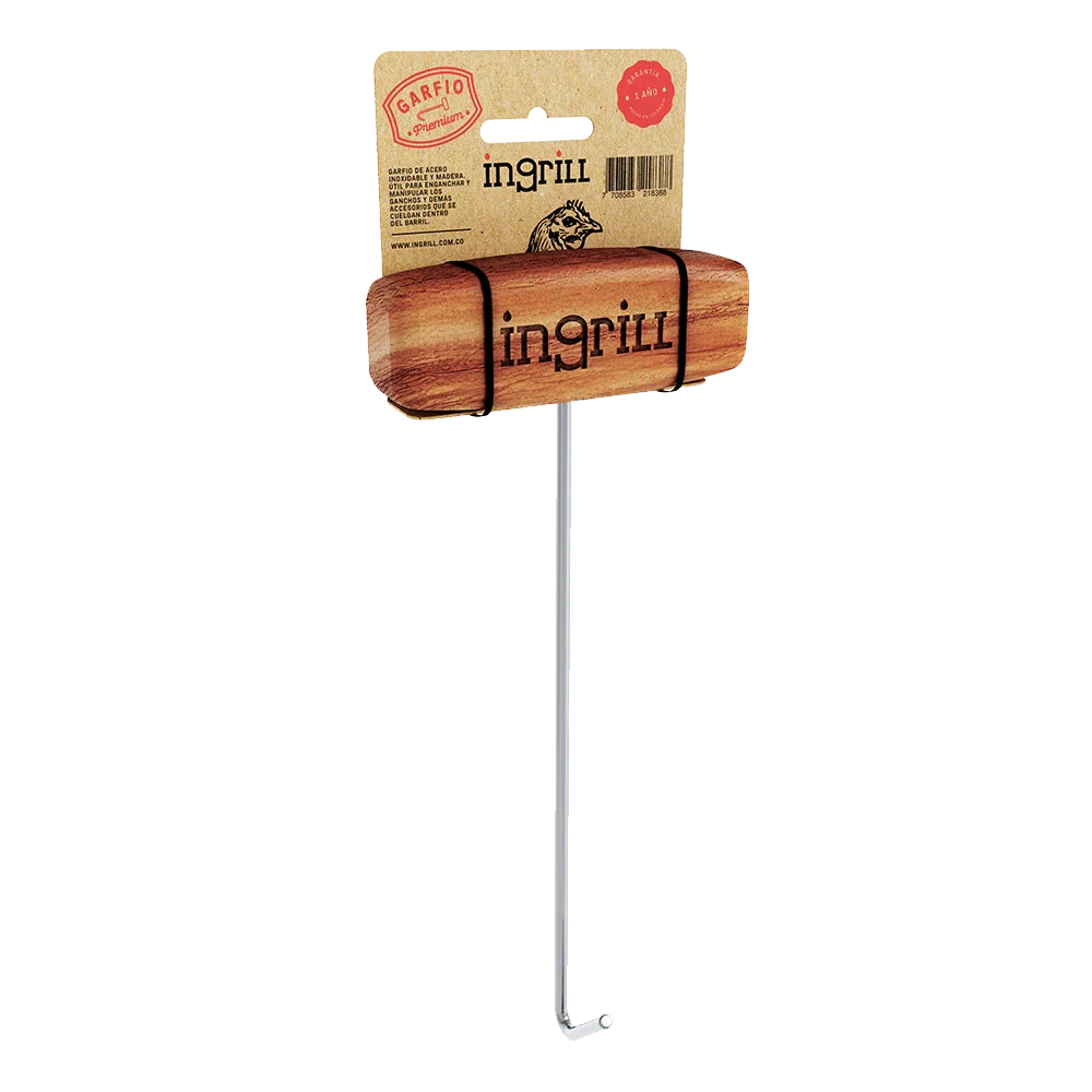 INGRILL Stainless Steel Meat Hook Tool for Barrel Smokers – Heavy-Duty 304 Stainless Steel BBQ Hook with Teak Wood Handle for Lifting, Hanging & Handling Meat