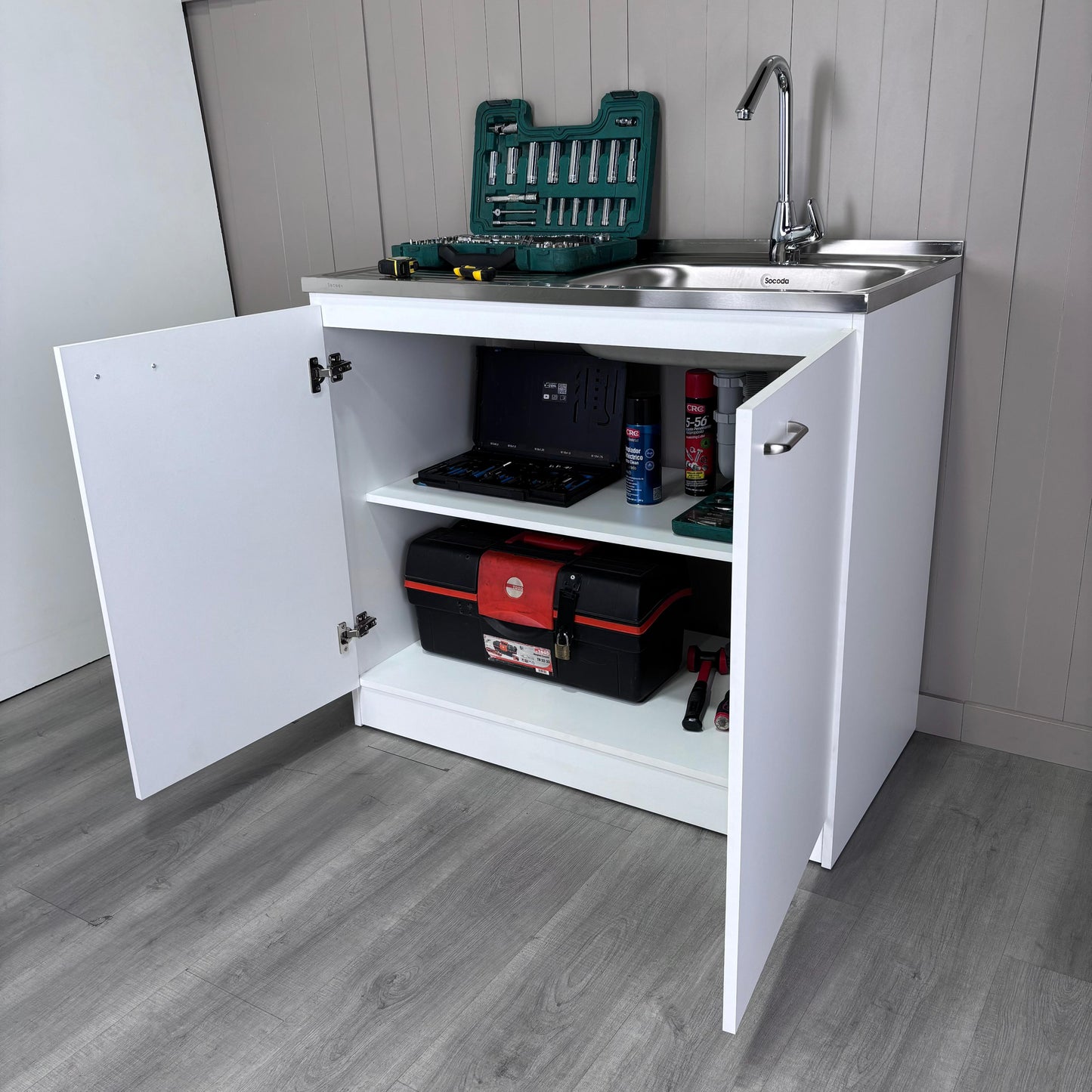 Napoles Utility Sink, Two Shelves, Double Door Cabinet