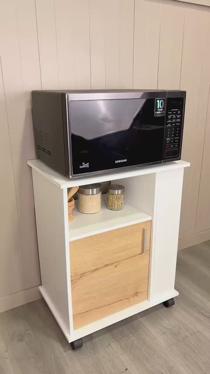 Kitchen Service Cart, Three Side  Shelves, Two Interior Shelves, Single Door Cabinet