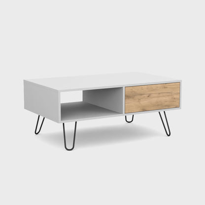 Tori 39" Wide Coffee Table with One Drawer, One Shelf, Rectangular, Living Room White - NAtural Oak