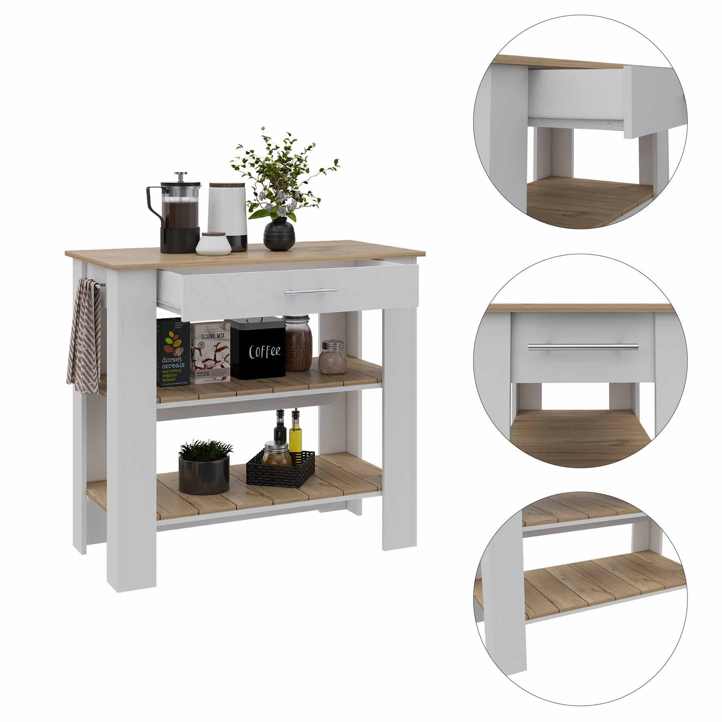 Cala Kitchen Island 40, Two Shelves, One Drawer, Four Legs