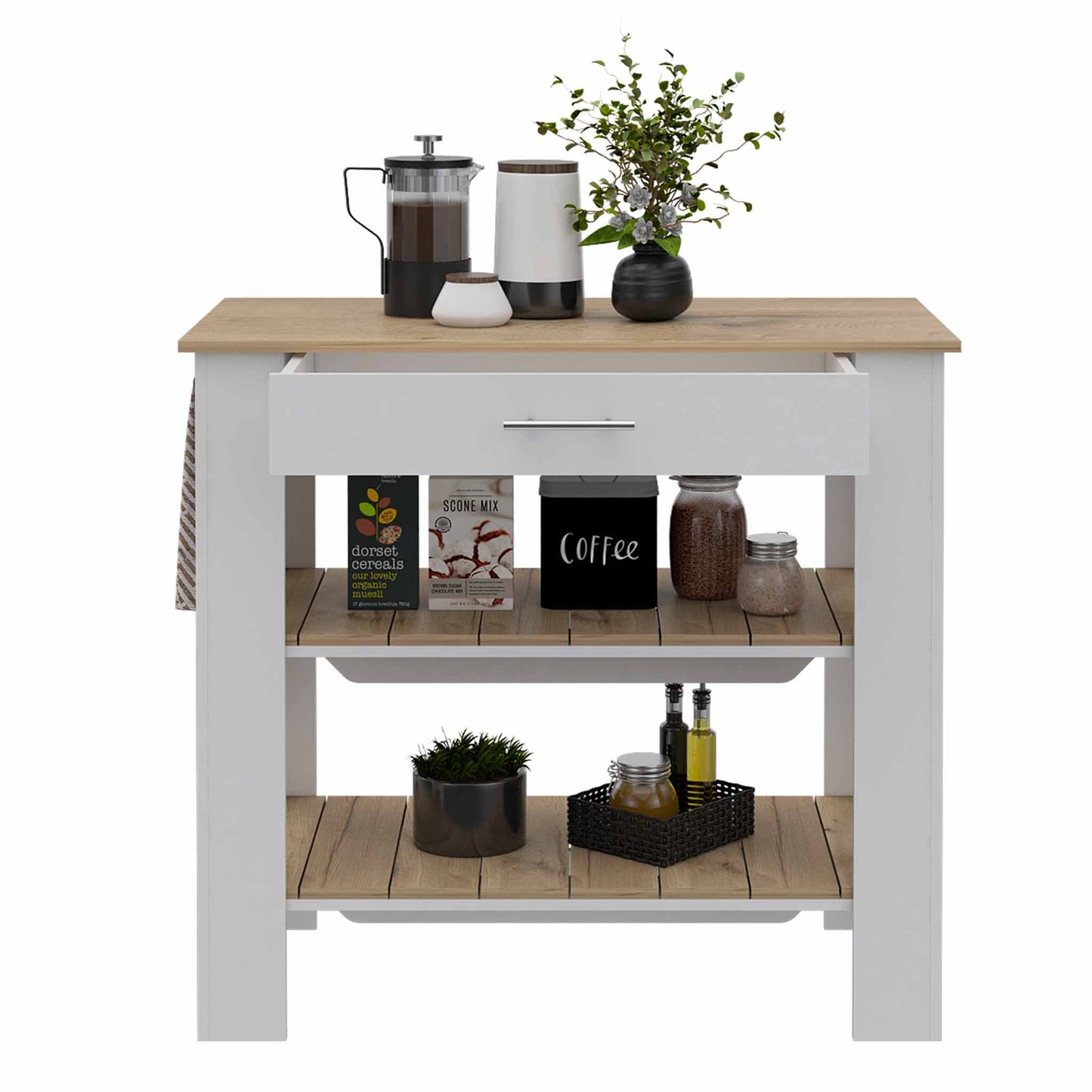 Cala Kitchen Island 40, Two Shelves, One Drawer, Four Legs