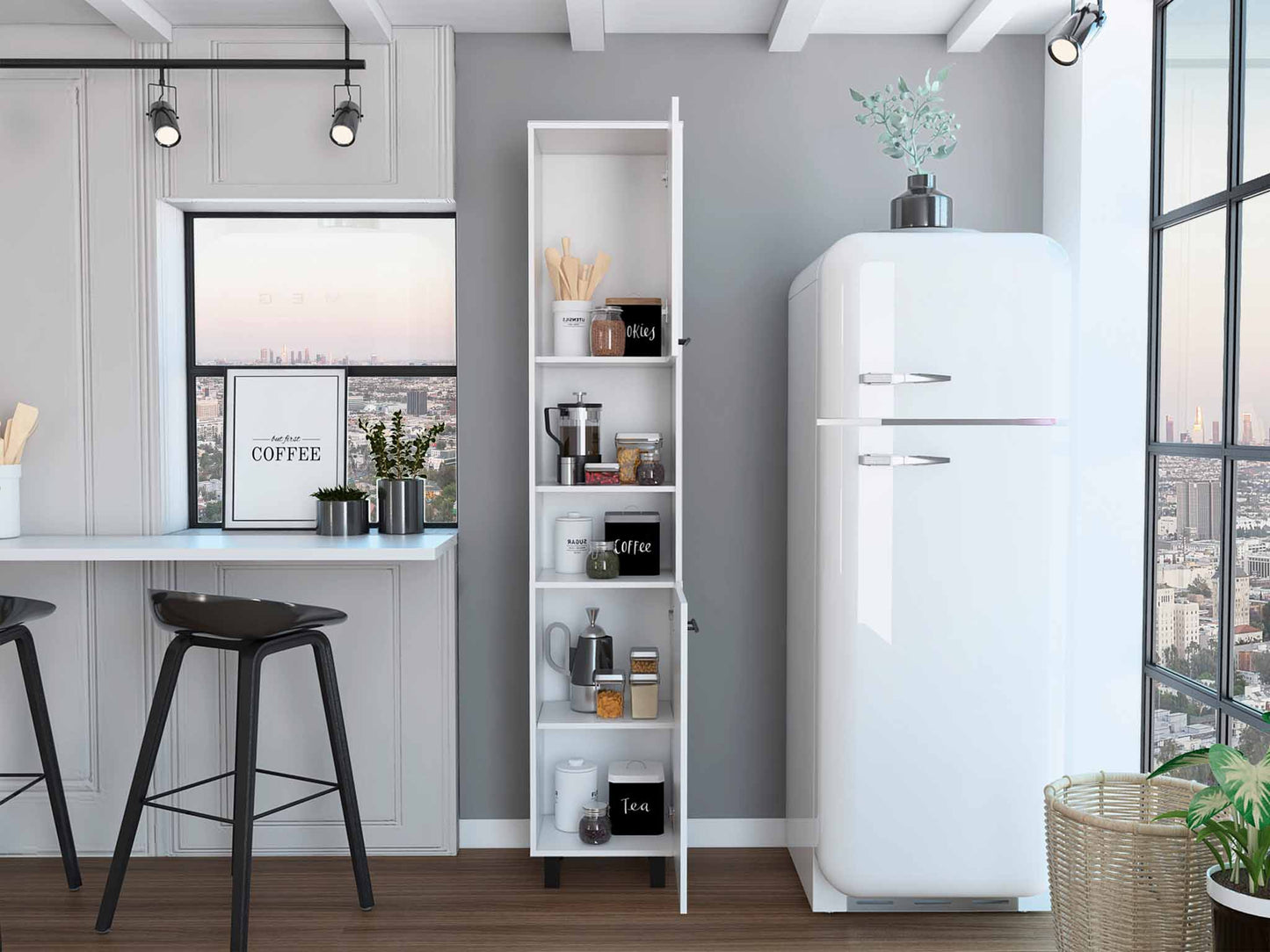 Hobart Pantry, Four Legs, Three Interior Shelves, Two Shelves, Two Cabinets