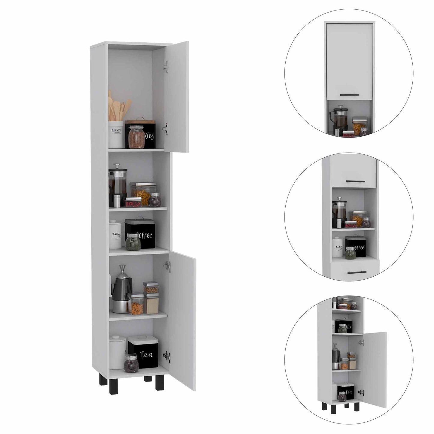 Hobart Pantry, Four Legs, Three Interior Shelves, Two Shelves, Two Cabinets