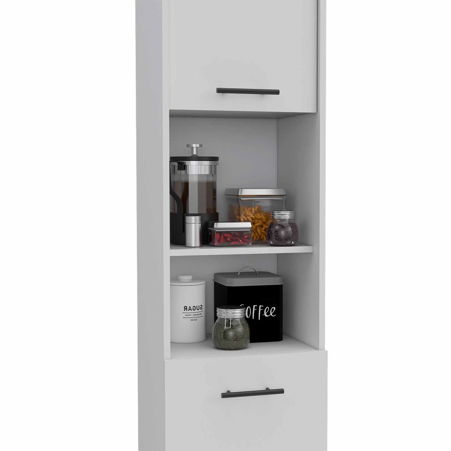 Hobart Pantry, Four Legs, Three Interior Shelves, Two Shelves, Two Cabinets