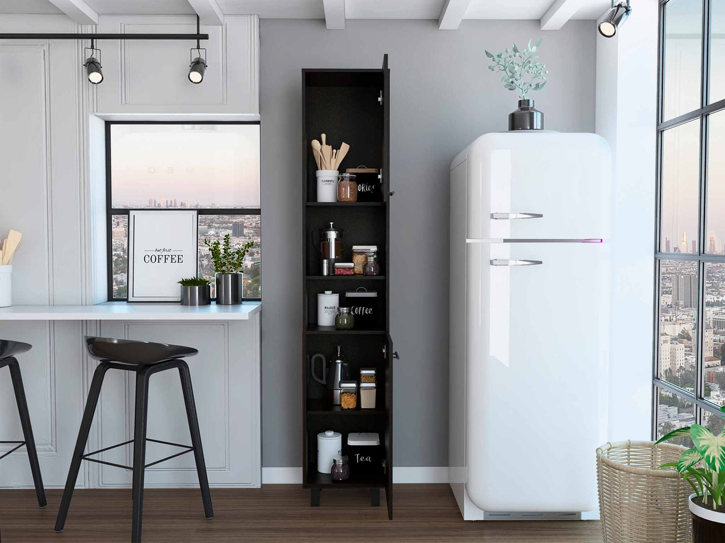 Hobart Pantry, Four Legs, Three Interior Shelves, Two Shelves, Two Cabinets