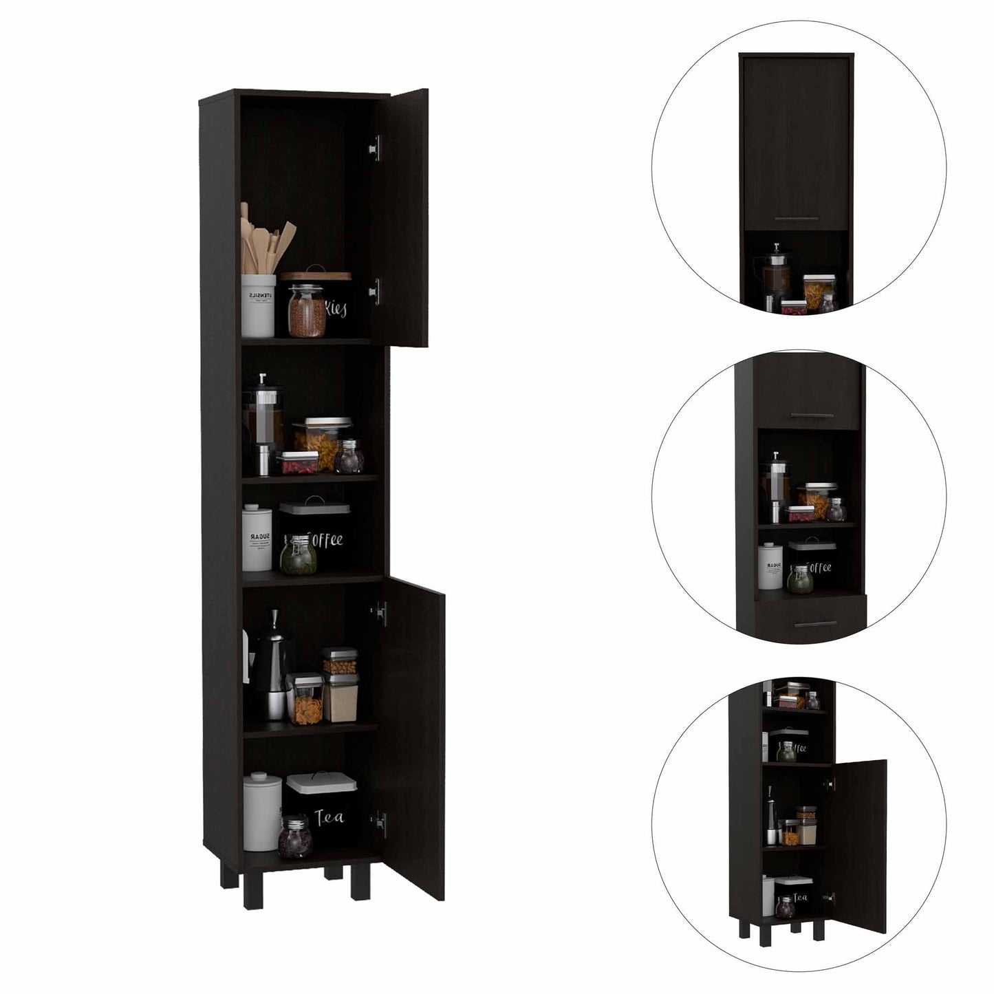 Hobart Pantry, Four Legs, Three Interior Shelves, Two Shelves, Two Cabinets