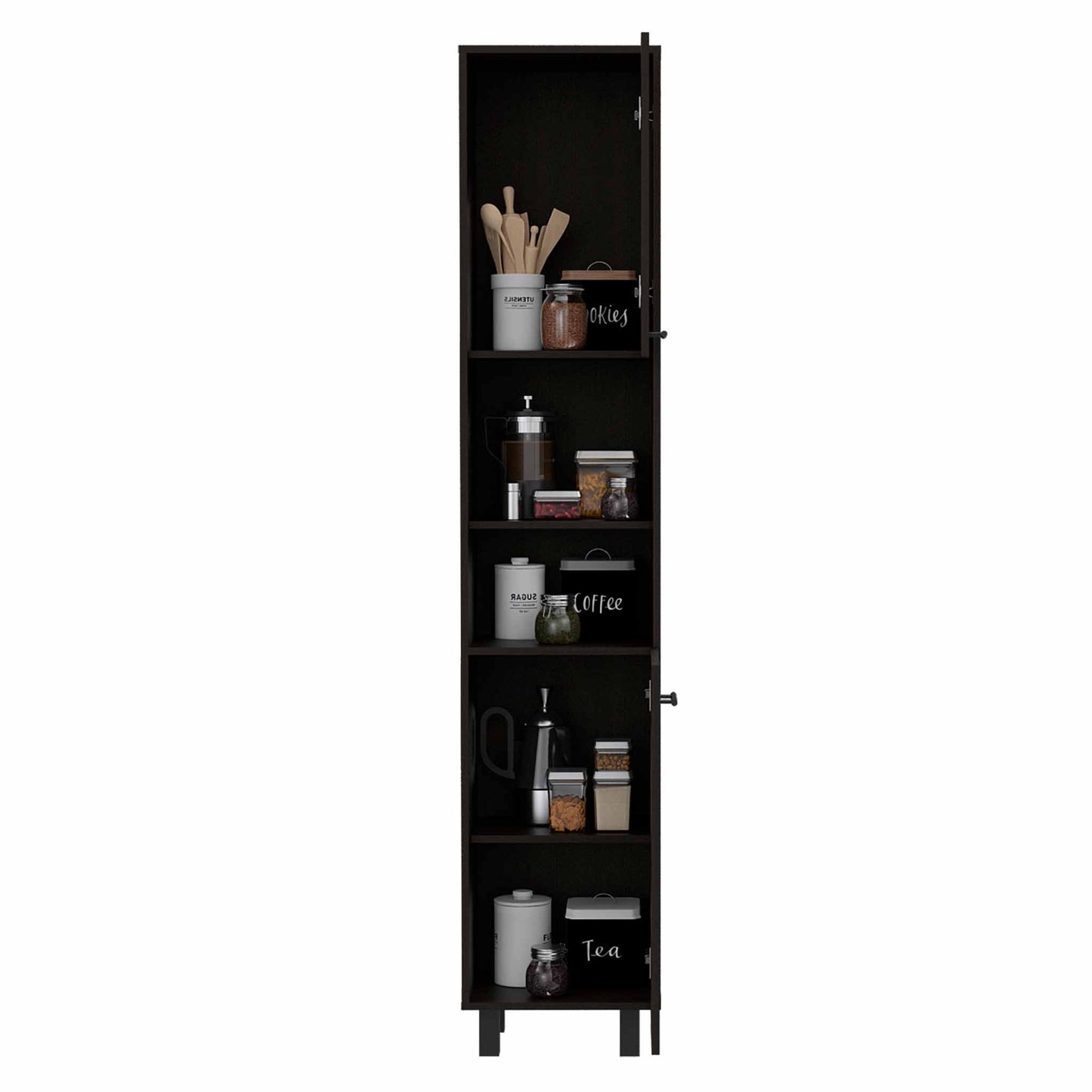 Hobart Pantry, Four Legs, Three Interior Shelves, Two Shelves, Two Cabinets