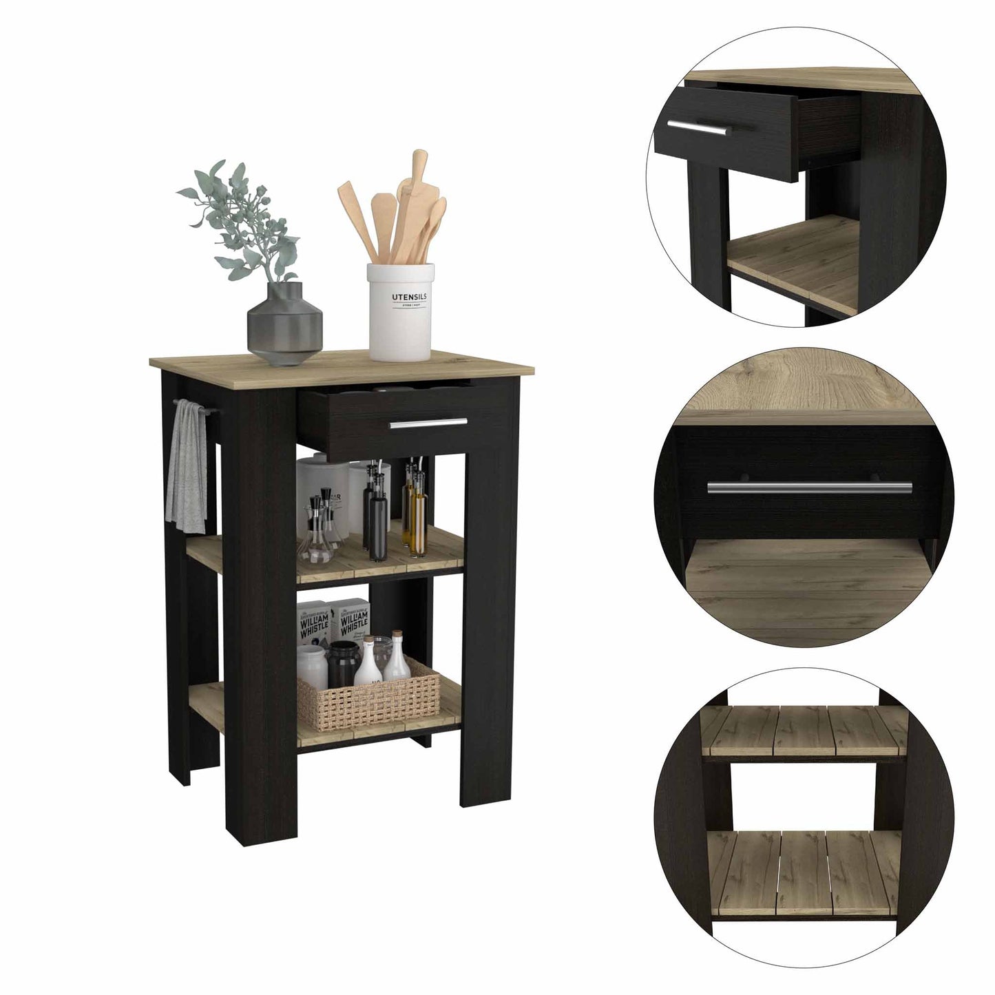 Cala Kitchen Island 23, Two Shelves, Two Drawers