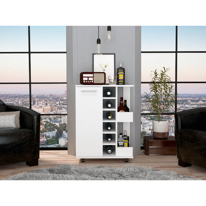 Bar Cart, Two External Shelves, Four Casters, Six Wine Cubbies, Single Door Cabinet